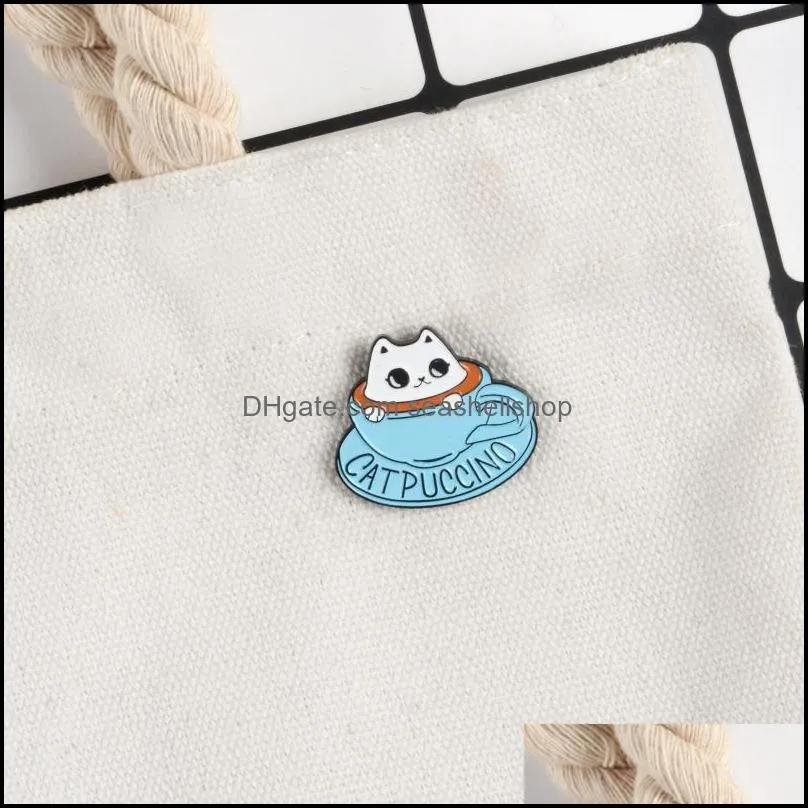 miss zoe cat coffee enamel pins coffee cup brooch bag clothes lapel pin button badge cartoon cute animal jewelry gift for friends kids