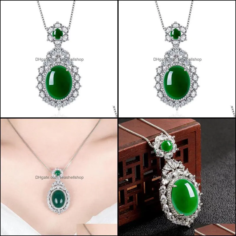 silver necklaces natural green jade chalcedony round agate pendant necklace chinese carved charm jewelry fashion amulet for women gift