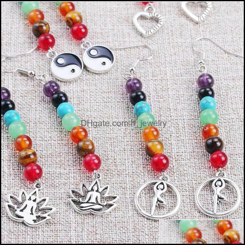 unique design 7 chakra natural stone lotus owl love pendant dangle earring for women girls vintage yoga drop earring jewelry gift 3634