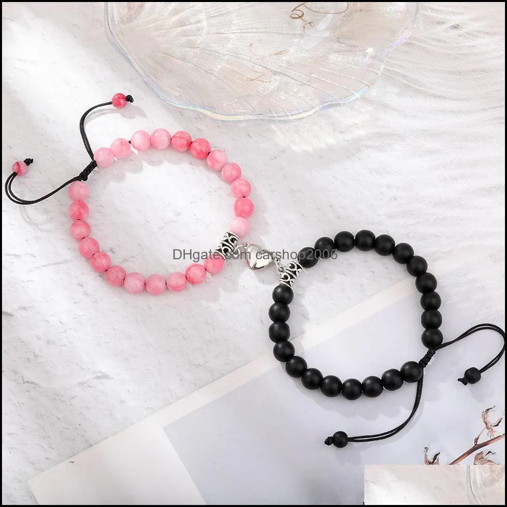 2pcs creative magnet attract couple charm chain bracelets good friend lover 8mm natural stone beads handmade braided rope woven bracelet for