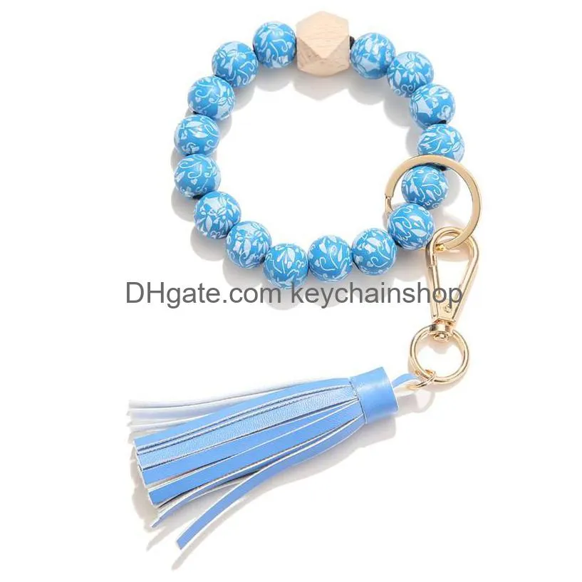 multiful tassel circle wristlet keychain bangles fashion charm jewelry florial leopard printed wooden beads bracelet key chain for women