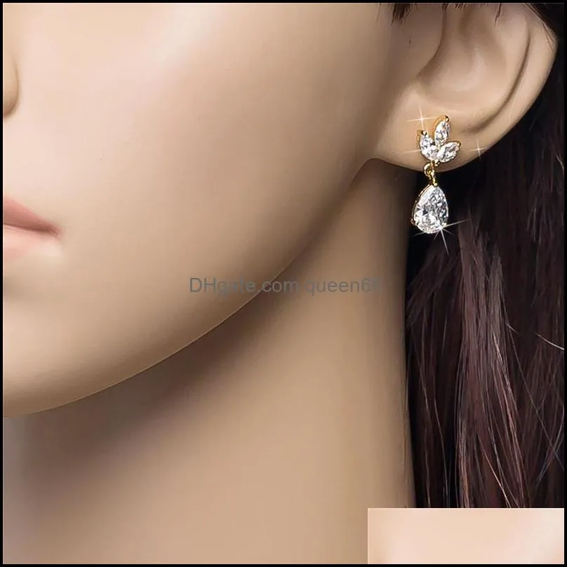 trendy cubic zirconia bridal earring elegant gold teardrop cluster floral leaf cz crystal rhinestone wedding earring for bride