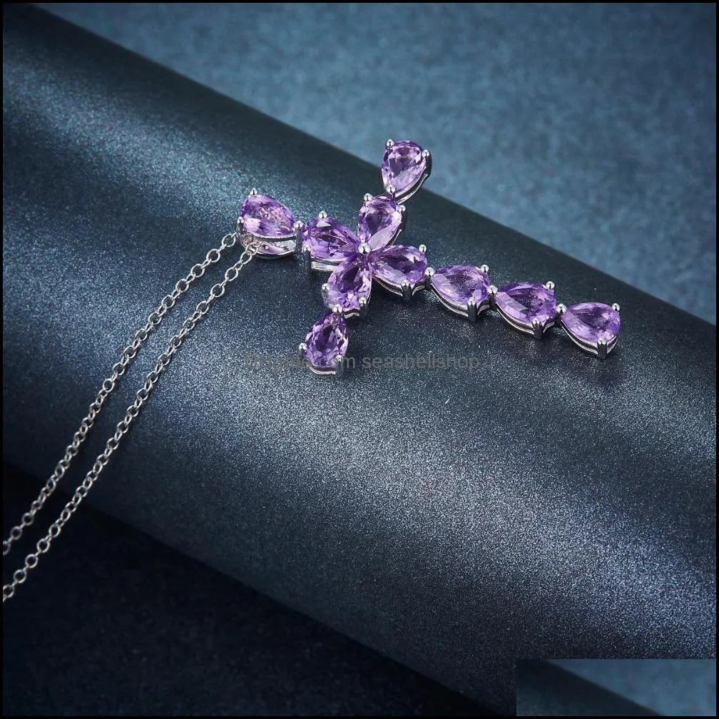 creative fashion ladies necklace silver plated inlaid amethyst natural color stone cross pendant female clavicle necklaces gift