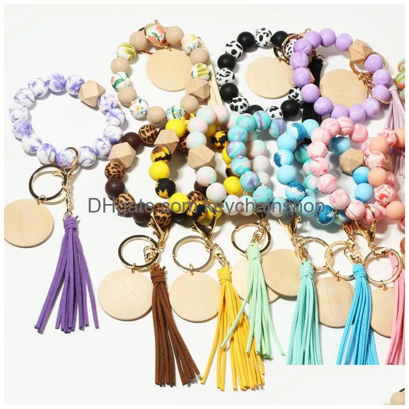 printed silicone beads keychain for keys wood bead bracelet keyring with tassel women men fashion wooden chips keyring wholesale