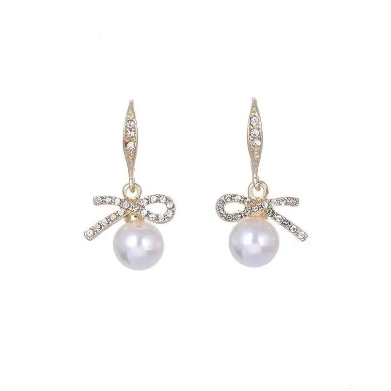 fashion jewelry bowknot faux pearl dangle earrings rhinestone inlaid women elegant earrings