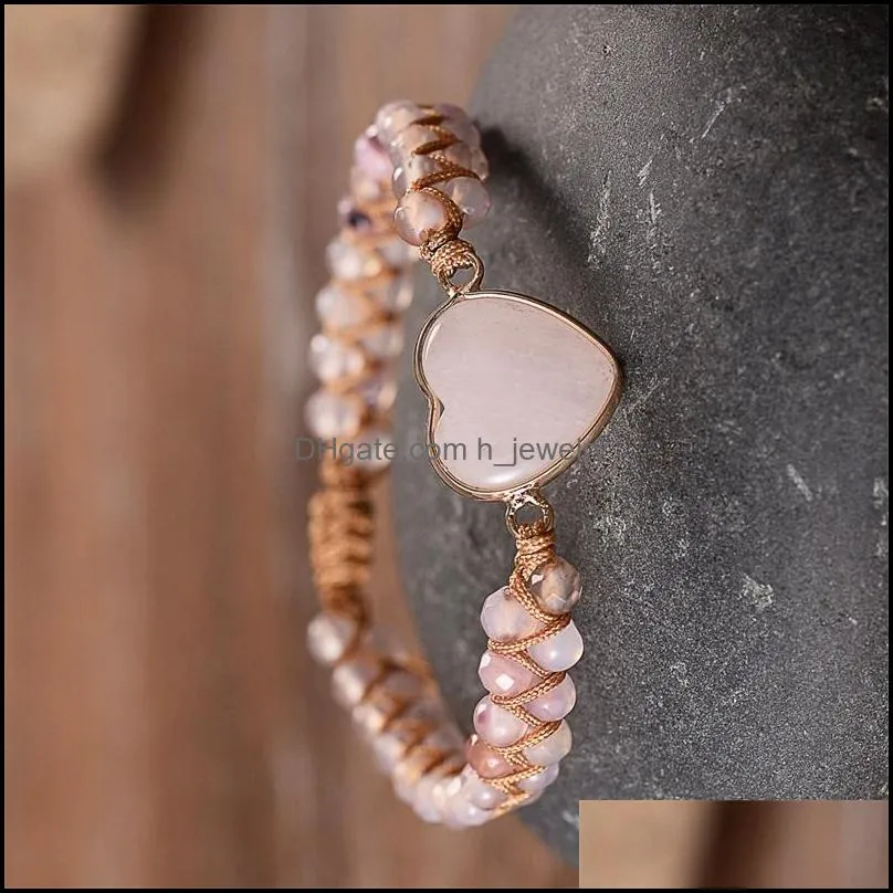 women rose quartz heart stone charm pink jasper bead string braided bracelet handwoven natural adjustable wrap bracelets tennis 3684