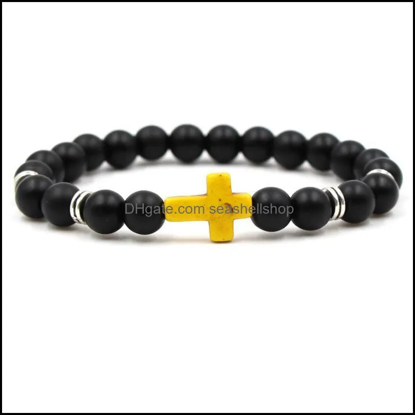 cross men bracelet brand wholesale unisex stone bracelet hand work black onyx volcano matte beaded bracelets