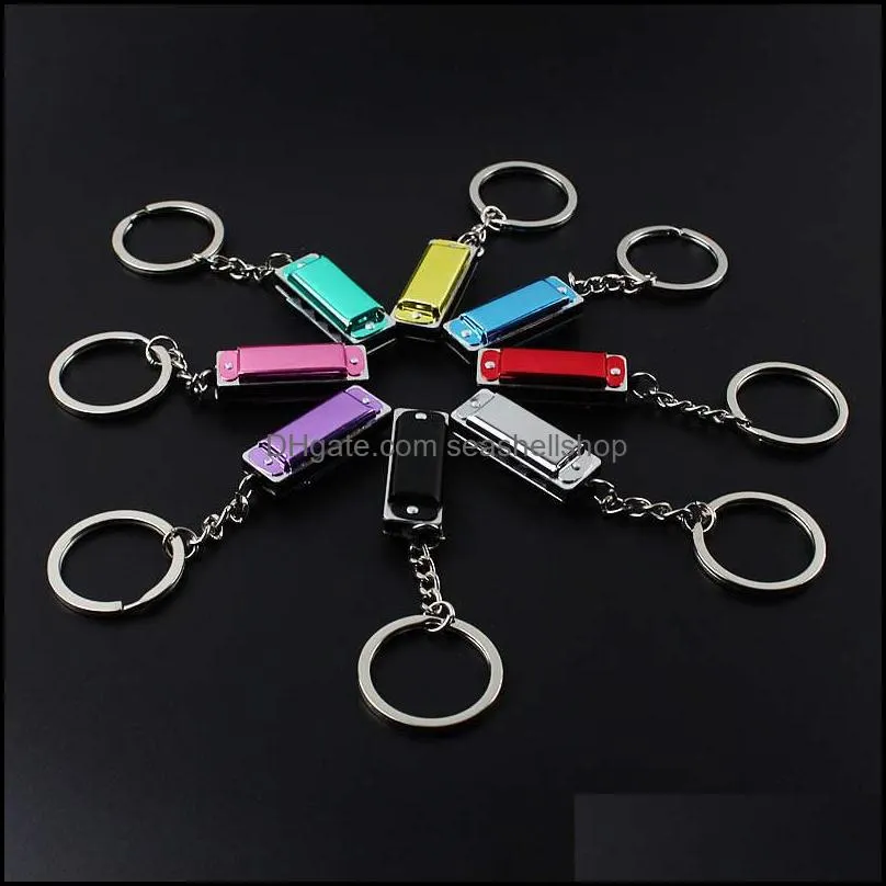 100pcs/lot metal 4 holes mini harmonica keychain children toys keyring kids gifts key chain bags mobile key rings c3