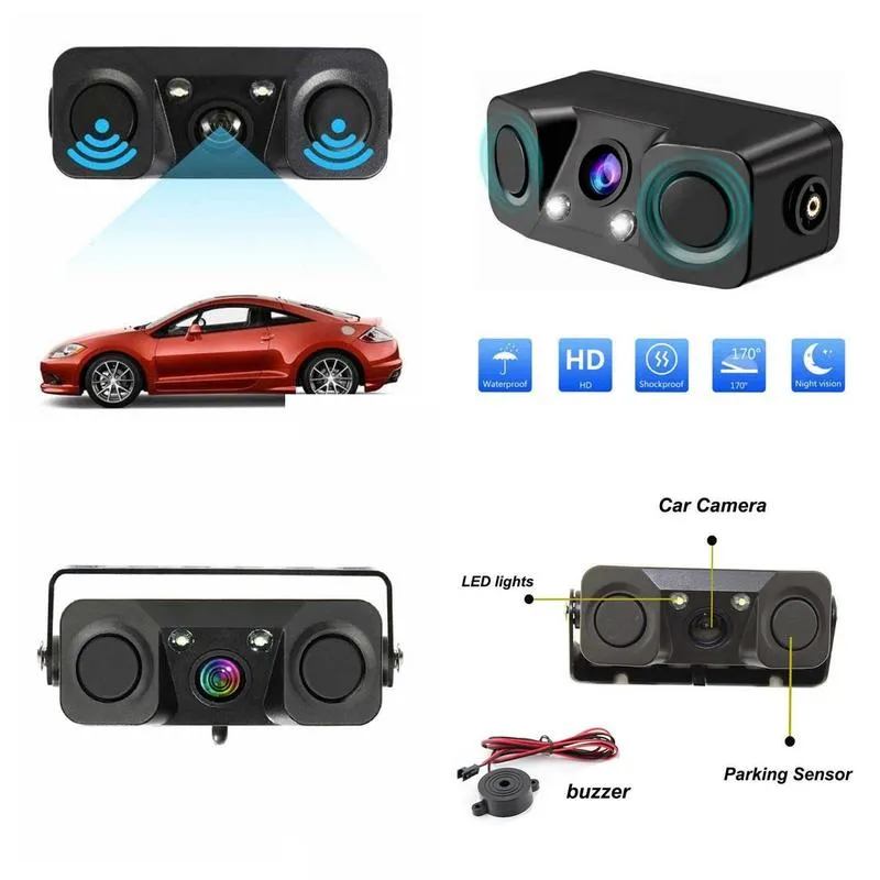 hd car rear view camera 3 in 1 parking radar detector sensor led night vision waterproof reverse camera