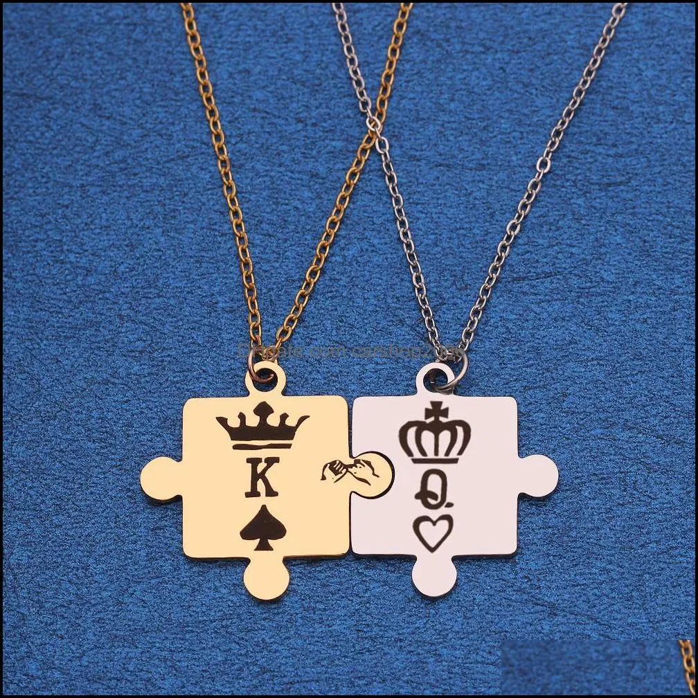 letters k q couple necklaces with crown stainless steel tag pendant necklace king queen engraved men jewelry gift