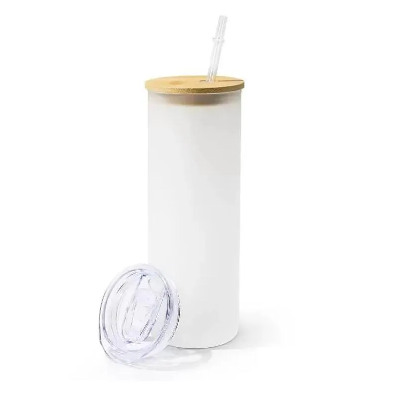 12oz 16oz 25oz mug straight blank sublimation tumblers frosted clear transparent coffee glass cup tumblers with bamboo lid and straw