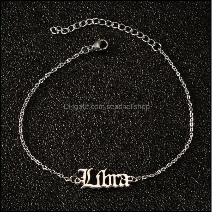 2020 fashion stainless steel foot chain bracelet anklet 12 zodiac sign old english alphabet charm bracelet for women design jewelry
