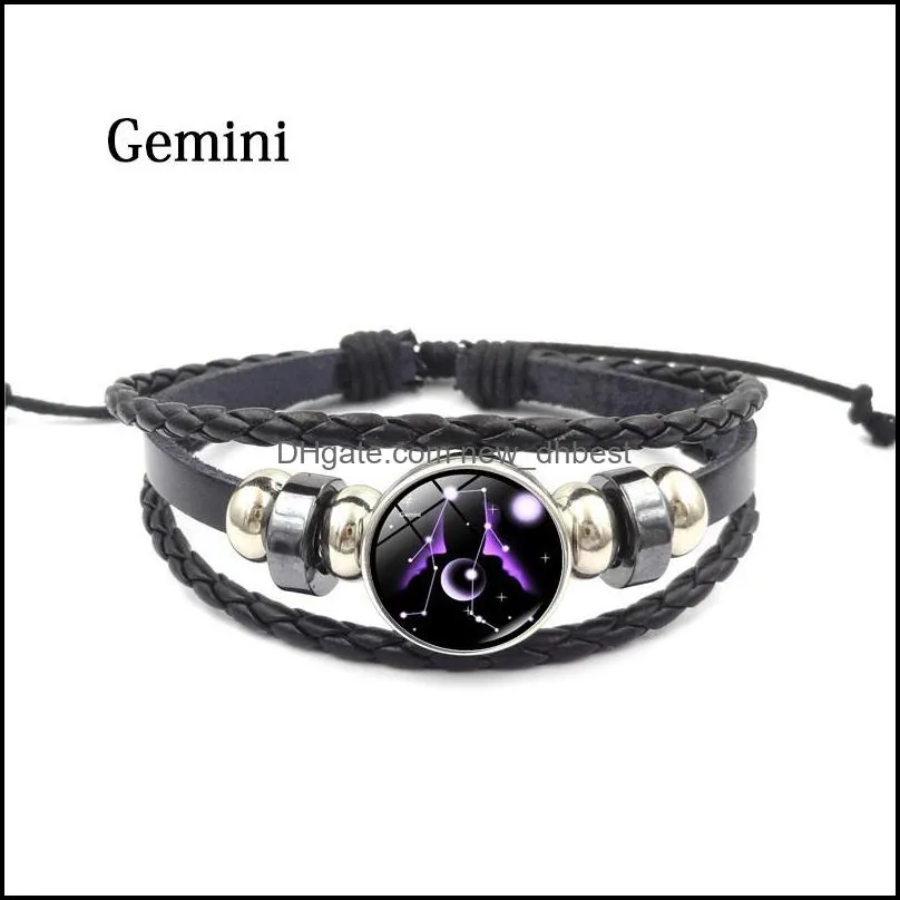 zodiac glass metal buckle charm fashion constellation jewelry black weave multilayer leather bracelet dh 