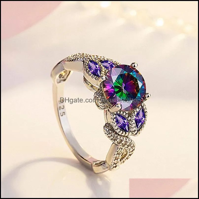 creative fashion rings colorful stone round zircon ring silverplated exquisite purple diamond marquise ring jewelry party birthday