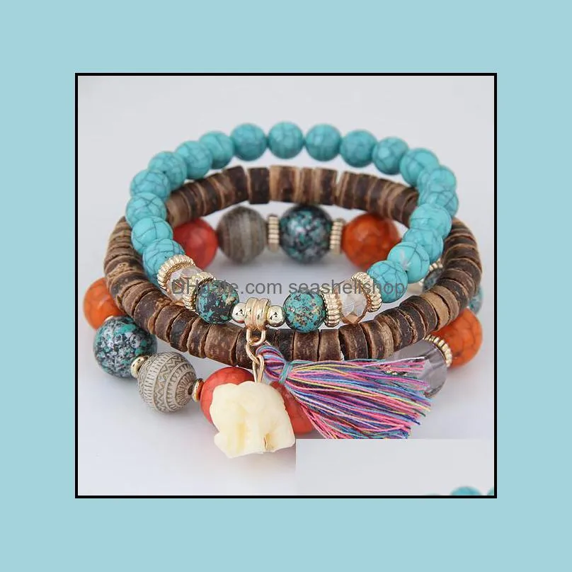 wooden beads bracelets for women bohemia jewelry elephant tassel charm bracelets bangles set