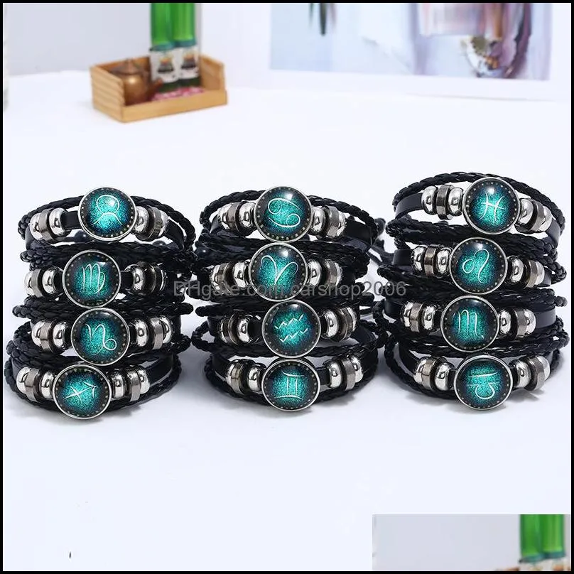 fashion jewelry design twelve constellations leather bracelets retro handwoven beads diy zodiac bracelet for women men gifts 1642