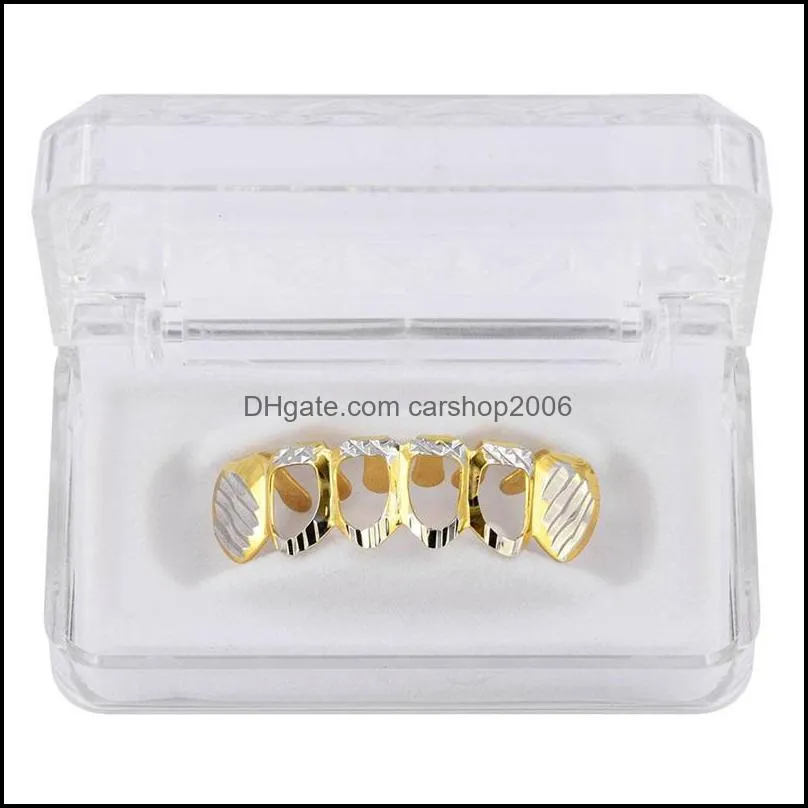  gold silver hollow open dlampnd cut 6 tooth top bottom grills teeth caps tooth hiphop grillz set party jewelry 535 t2