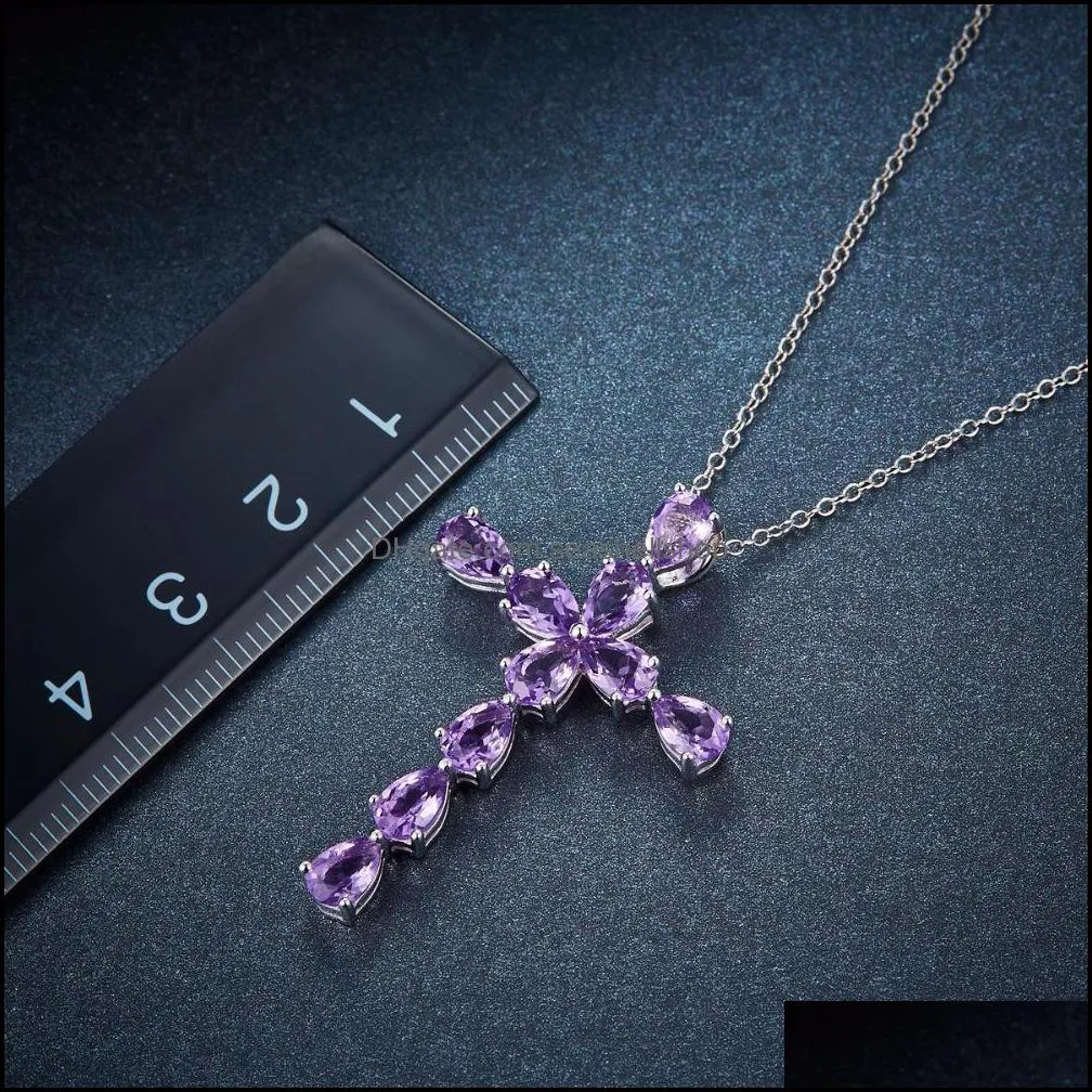 creative fashion ladies necklace silver plated inlaid amethyst natural color stone cross pendant female clavicle necklaces gift