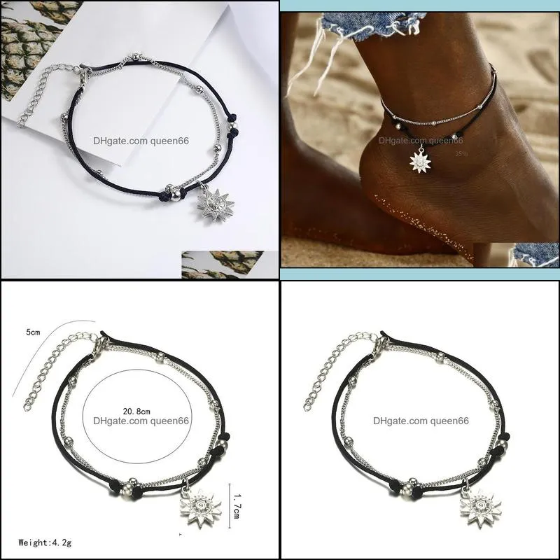 vintage multiple layers anklets for women black sun pendant charms rope chain beach summer foot ankle bracelet jewelry