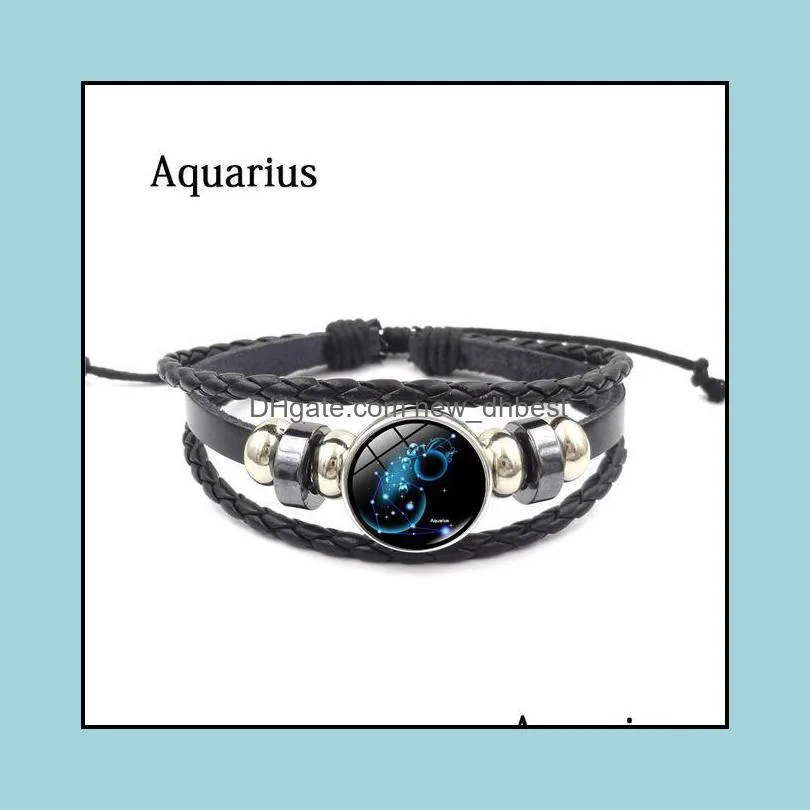 zodiac glass metal buckle charm fashion constellation jewelry black weave multilayer leather bracelet dh 