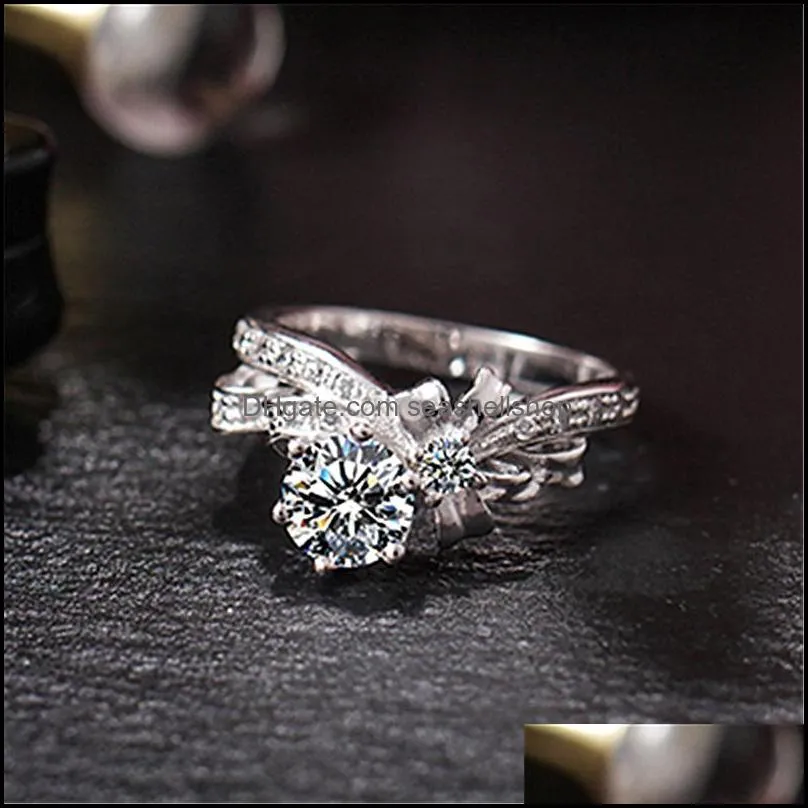silver ring bowknot bow knot bling zircon stone rings for women fashion wedding engagement jewelry
