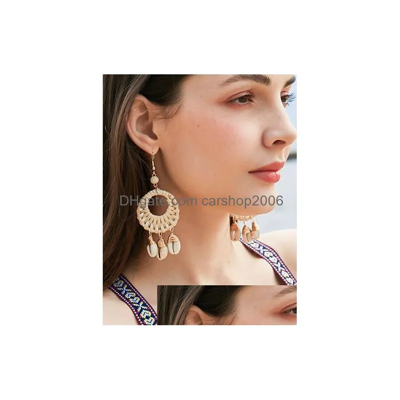 fashion jewelry womens shell cane weave conch earrings handwoven sea wind circle dangle earrings