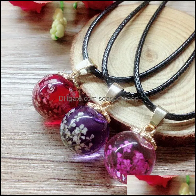 lovely real natural dried flowers round glass leather rope pendant necklaces