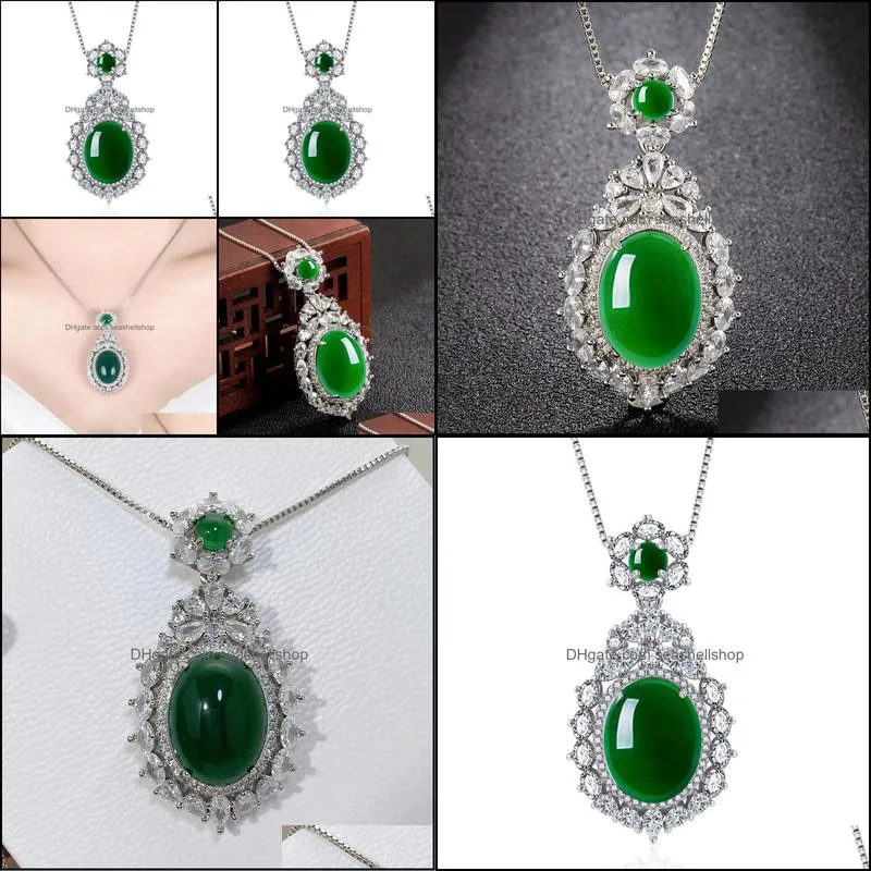 silver necklaces natural green jade chalcedony round agate pendant necklace chinese carved charm jewelry fashion amulet for women gift