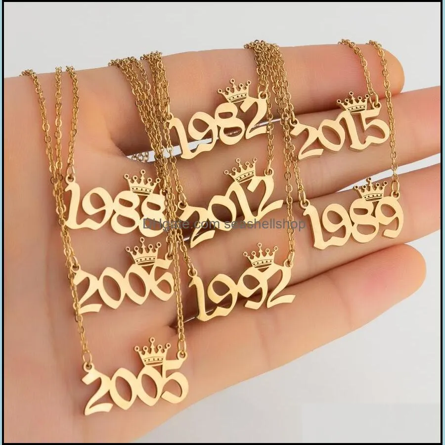 2020 birth years necklace initial year number crown pendant necklace for women girls birthday gift stainless steel charm necklace