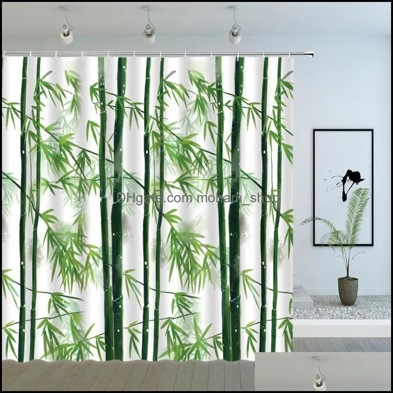 green bamboo shower curtains spring plant scenery bird butterfly leaf geometric pattern bathroom decor cloth curtain set