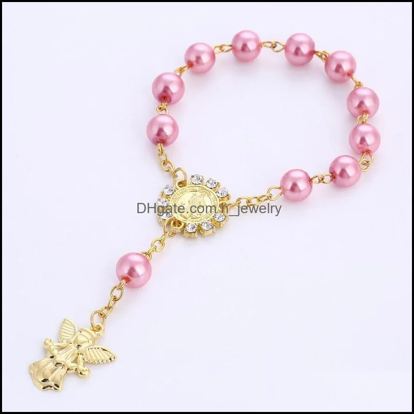 link chain catholic religious glass pearl beads cross rosary bracelets angel jesus saint baptism chaplet braclet for girl jewelry