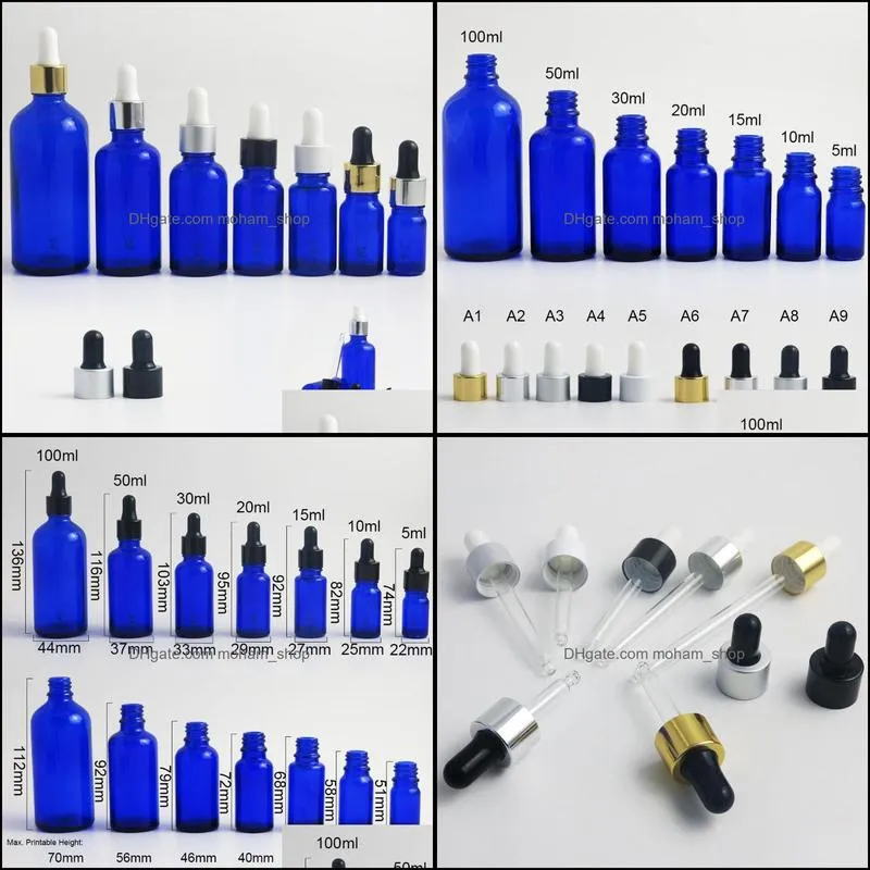 20pcs 100ml 50ml 30ml 20ml 15ml 10ml 5ml empty blue glass dropper bottle e liquid  oil cosmetic container storage bottles 