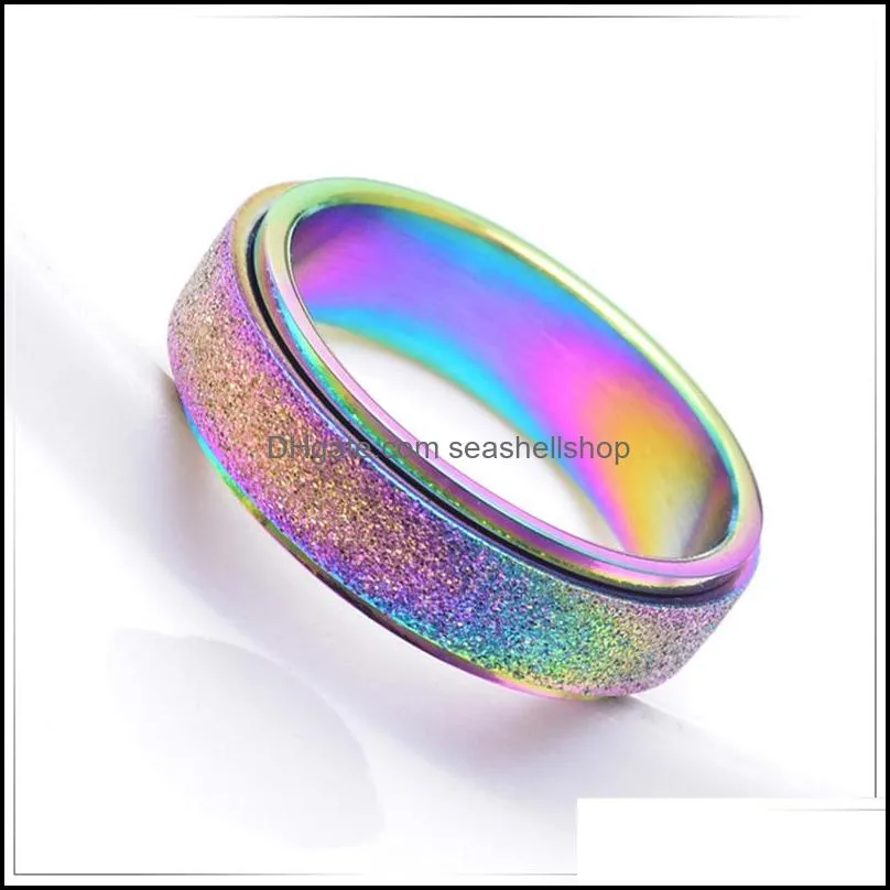 titanium steel 6mm rotating rings for womwn men rose gold rainbow frosted surface lucky runner engagement wedding jewerly gifty