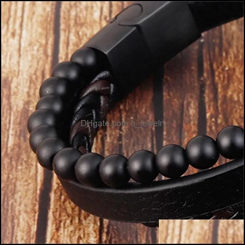 bangle fashion natural stone magnetic button leather 21cm braided bracelet mens titanium steel jewelry nice gift 3418 q2