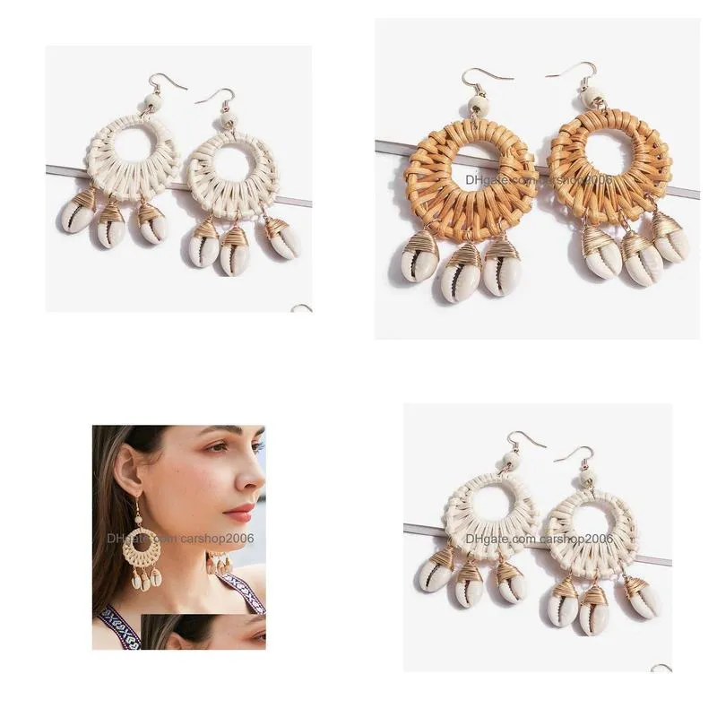 fashion jewelry womens shell cane weave conch earrings handwoven sea wind circle dangle earrings