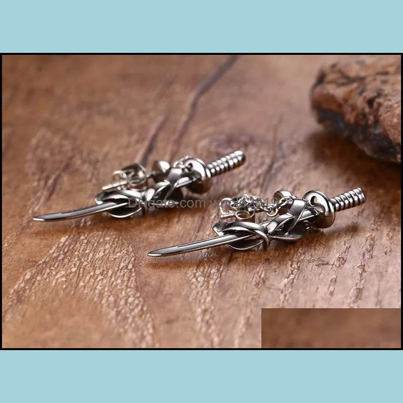 1pair vintage punk style stainless steel katana samurai knife stud earrings cool male party personality earring men retro jewelryz