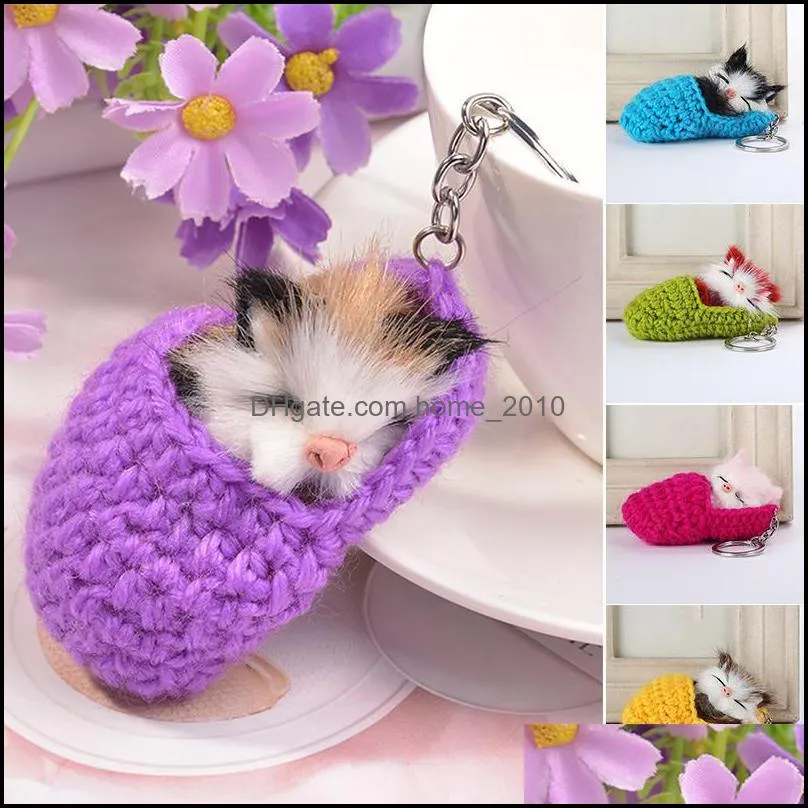 cute knit furry sleeping cat keyring keychain car key holder women handbag pendant decorative ornament wq652