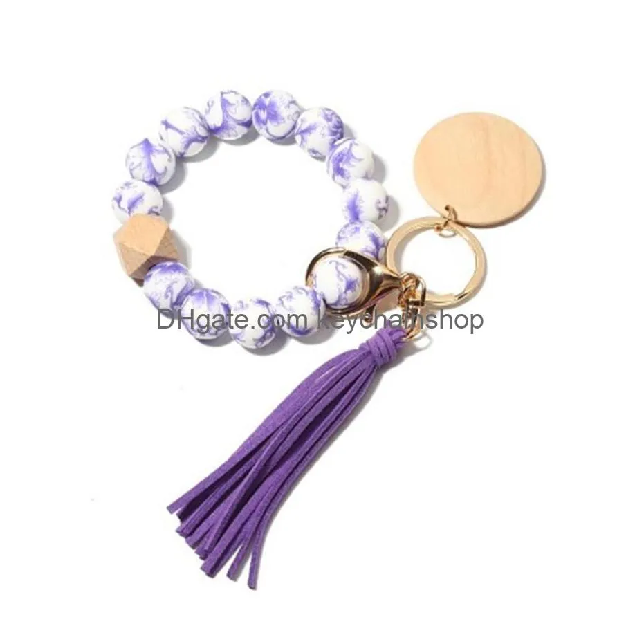 printed silicone beads keychain for keys wood bead bracelet keyring with tassel women men fashion wooden chips keyring wholesale