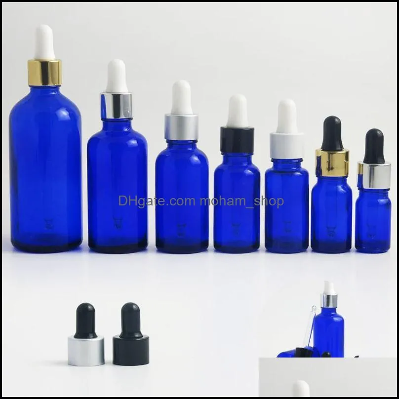 20pcs 100ml 50ml 30ml 20ml 15ml 10ml 5ml empty blue glass dropper bottle e liquid  oil cosmetic container storage bottles 