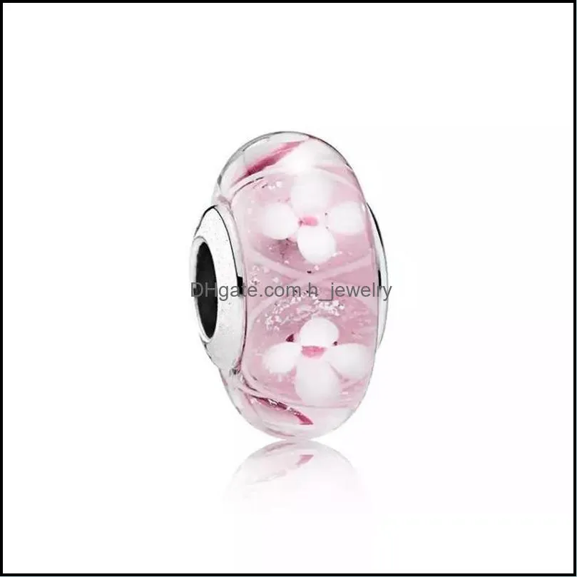 authentic plated silver beads pink field of flowers charms fits european style jewelry bracelets necklace 76 e3