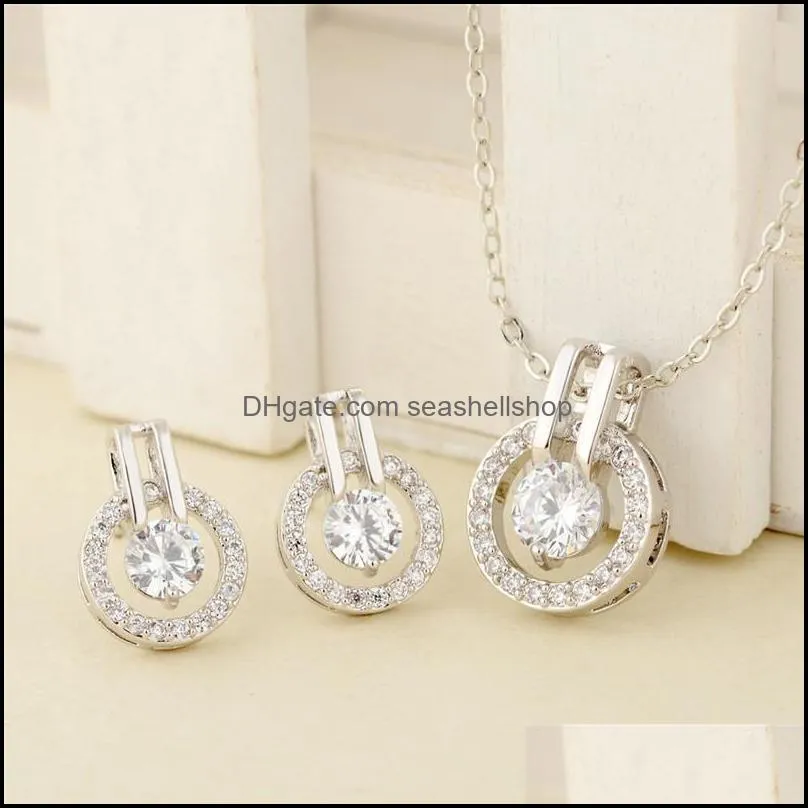  fashion cubic zirconia shiny rhinestone pendant necklace stud earrings set small round 3a cz bridesmaid wedding jewelry gifty