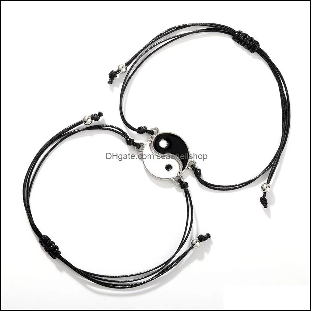 couple bracelets hematite leather cord braid chain bracelet chinese tai chi alloy pendant twopiece woven lover bangle gift