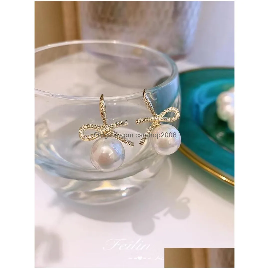 fashion jewelry bowknot faux pearl dangle earrings rhinestone inlaid women elegant earrings