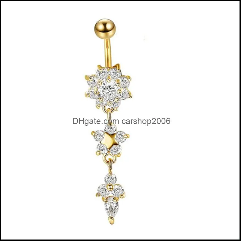 2020 indian dangle belly bars belly button gold rings belly piercing crystal flower body jewelry navel piercing rings gd333 196 w2