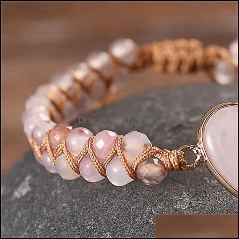 women rose quartz heart stone charm pink jasper bead string braided bracelet handwoven natural adjustable wrap bracelets tennis 3684