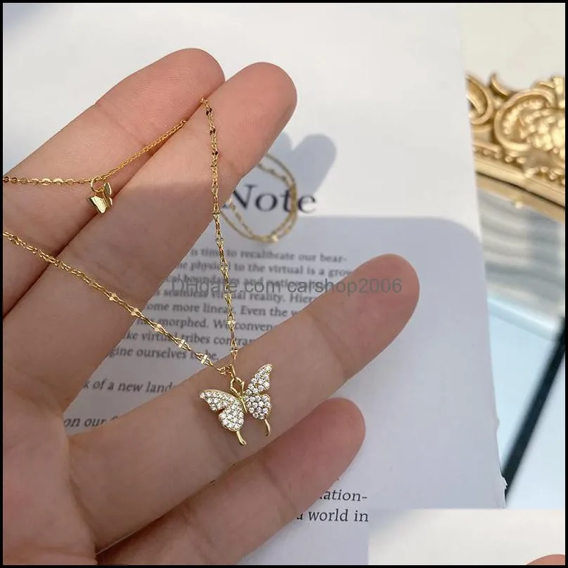 plated silver butterfly necklace for women double layer clavicle chain shiny cz necklace dainty gifts party jewelry 20220228 t2