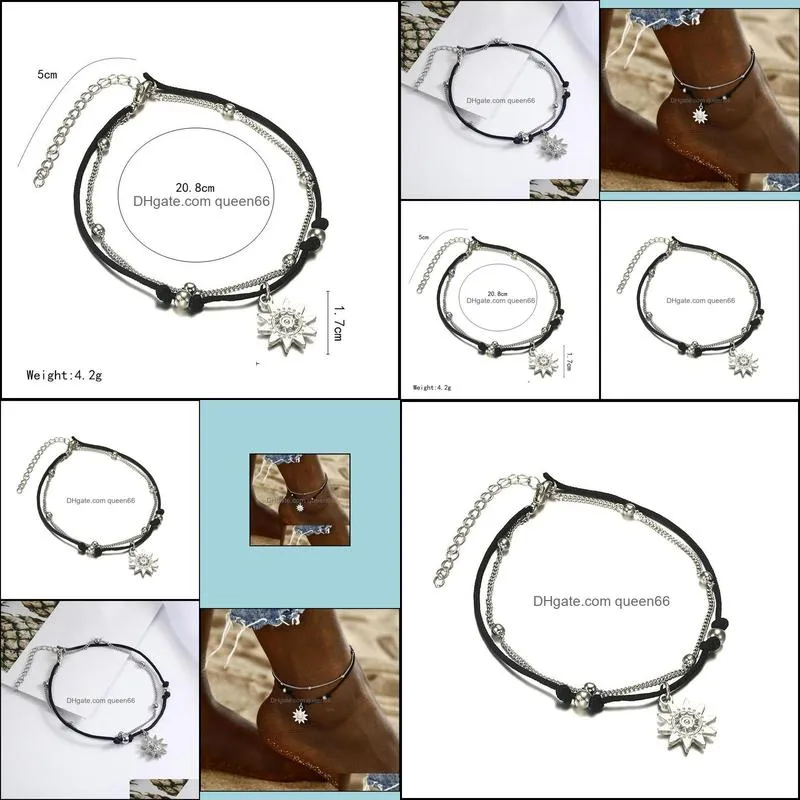 vintage multiple layers anklets for women black sun pendant charms rope chain beach summer foot ankle bracelet jewelry