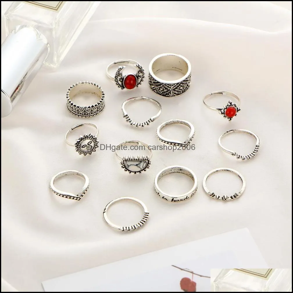 vintage silver carved joint ring 14piece combination set womens rings bague femme women men