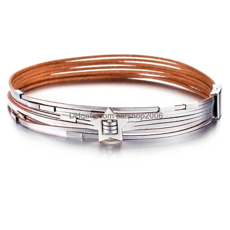 fashion jewelry pu leather bracelet hollowed star pu leather multi layer magnet clasp bracelet