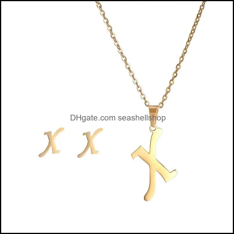 26 letter necklaces with earring jewelry set stainless steel gold plated choker initial pendant necklace women alphabet chains jewellry 918